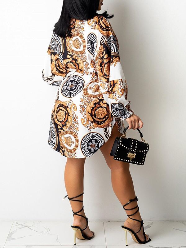 Printed Belted Shirt Dress--Clearance