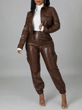 Faux-Leather Jacket & Jogger Pants Set--Clearance Brown