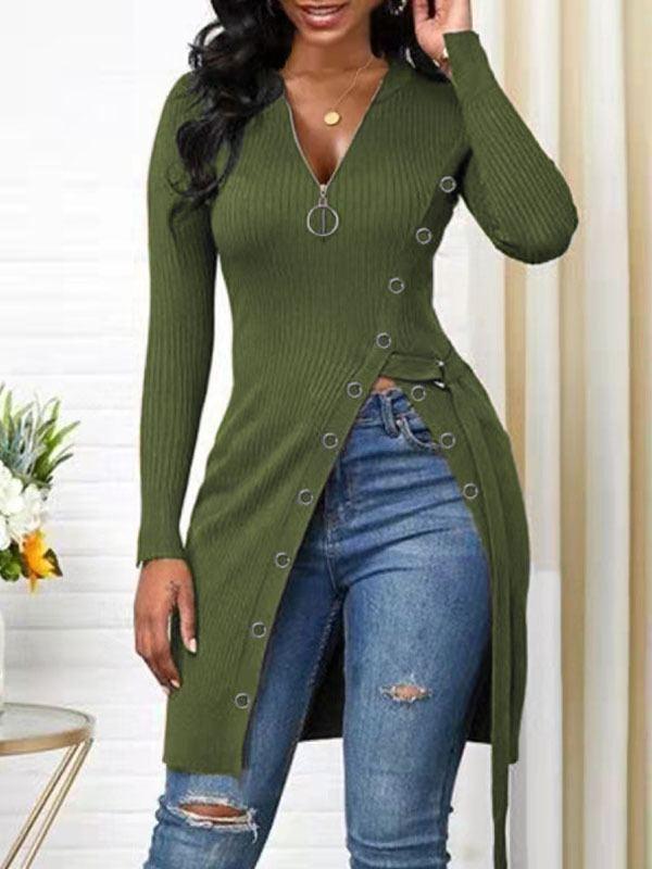 Zip-Front Slit Ribbed Tunic--Clearance