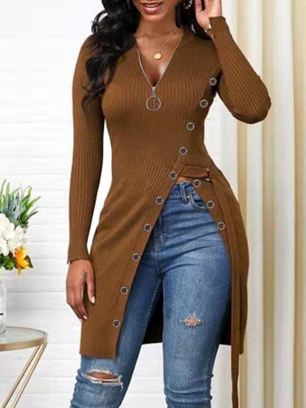 Zip-Front Slit Ribbed Tunic--Clearance
