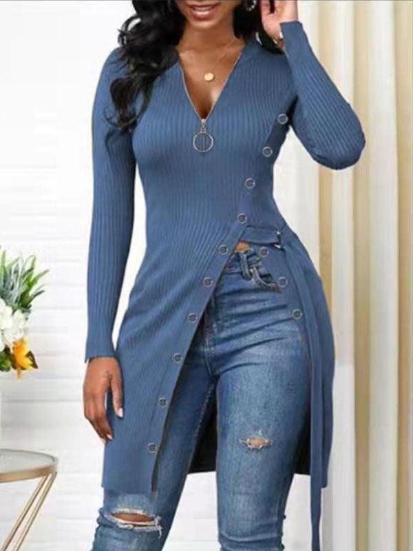 Zip-Front Slit Ribbed Tunic--Clearance