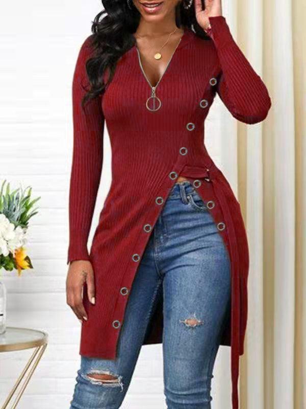 Zip-Front Slit Ribbed Tunic--Clearance