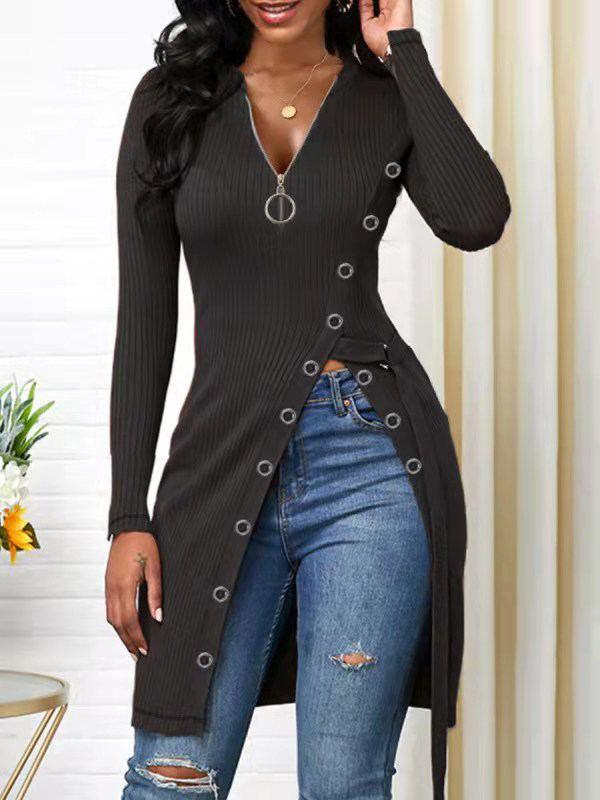 Zip-Front Slit Ribbed Tunic--Clearance
