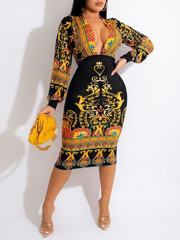 Printed Plunge Dress Black