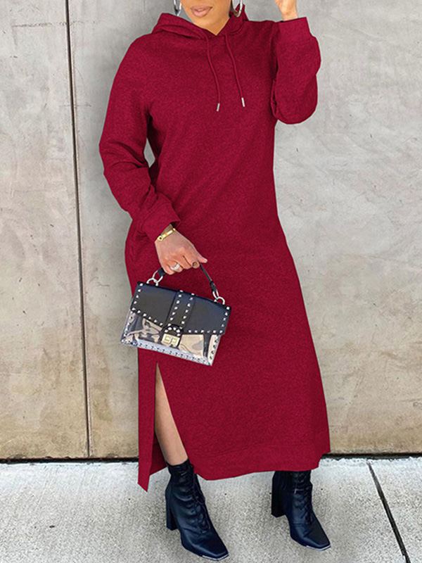 Solid Slit Hoodie Dress--Clearance Burgundy