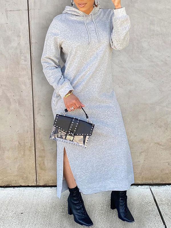 Solid Slit Hoodie Dress--Clearance Gray S