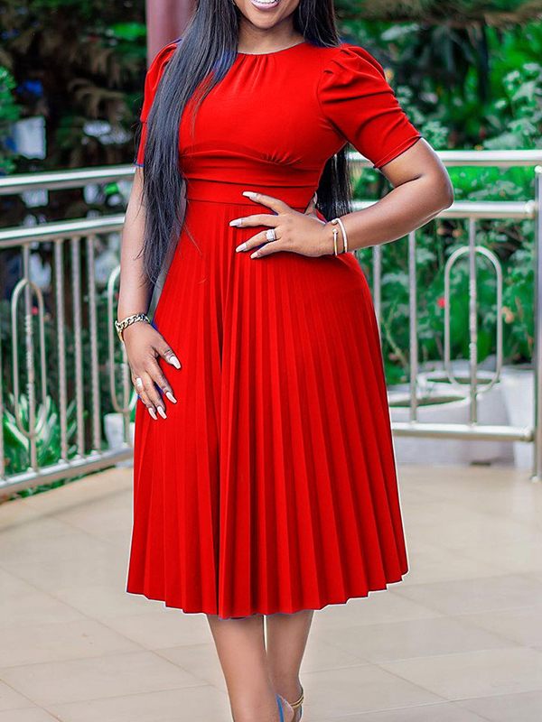 Solid Pleated Midi Dress Red