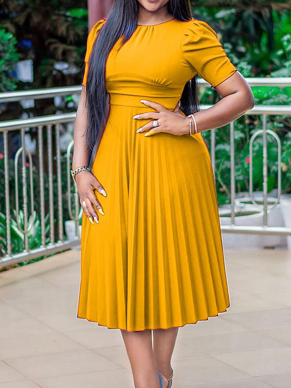 Solid Pleated Midi Dress Yellow