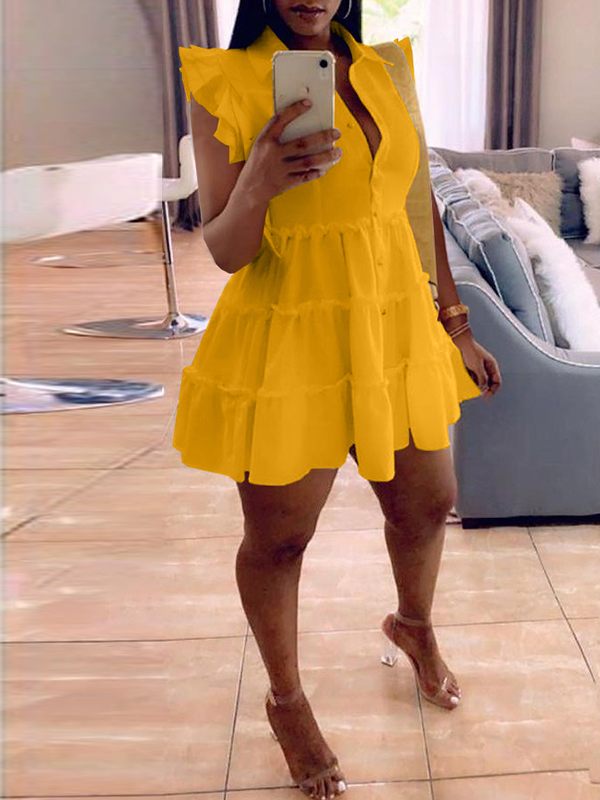 Frilled Ruffle Shirt Dress--Clearance Yellow S