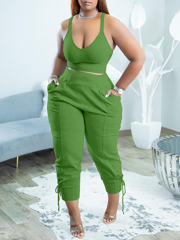 Solid Tank Top & Lace-Up Pants Set--Clearance Green S