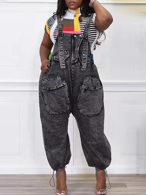 Wide-Leg Denim Overalls--Clearance Black S