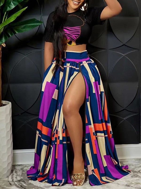 Graphic Crop Top & Colorblock Slit Skirt Set Multicolor