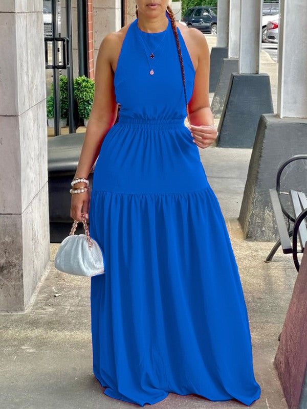 Halter Elastic-Waist Maxi Dress Blue
