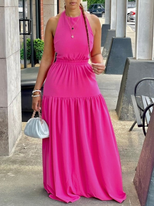 Halter Elastic-Waist Maxi Dress Rose