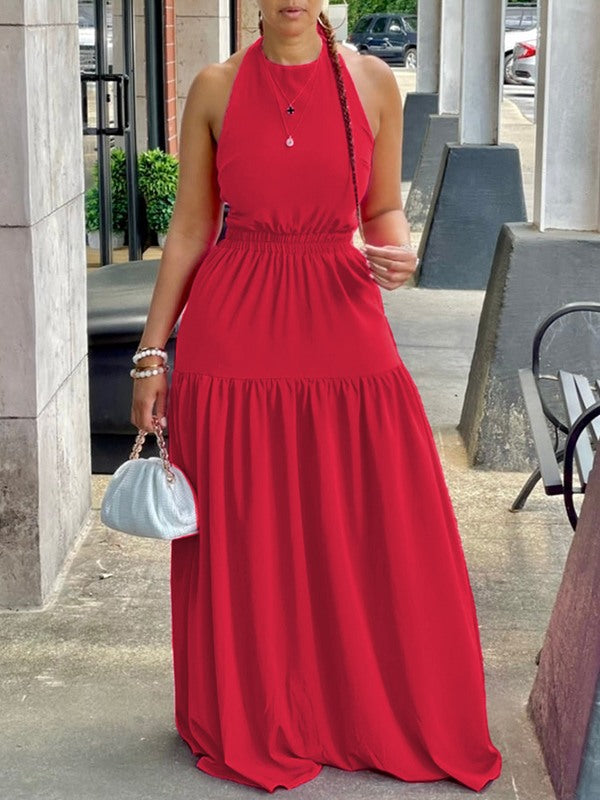 Halter Elastic-Waist Maxi Dress Red