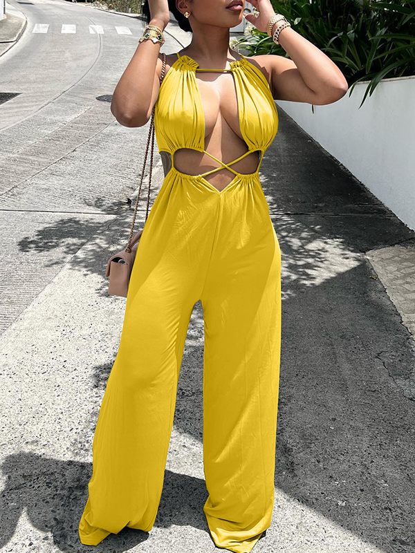 Lace-Up Wide-Leg Jumpsuit Yellow