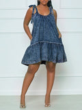 Tied Ruffle Denim Dress--Clearance Dark Blue S