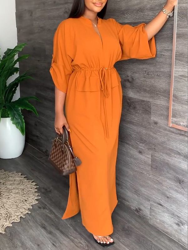 V-Neck Drawstring Slit Dress--Clearance Orange S