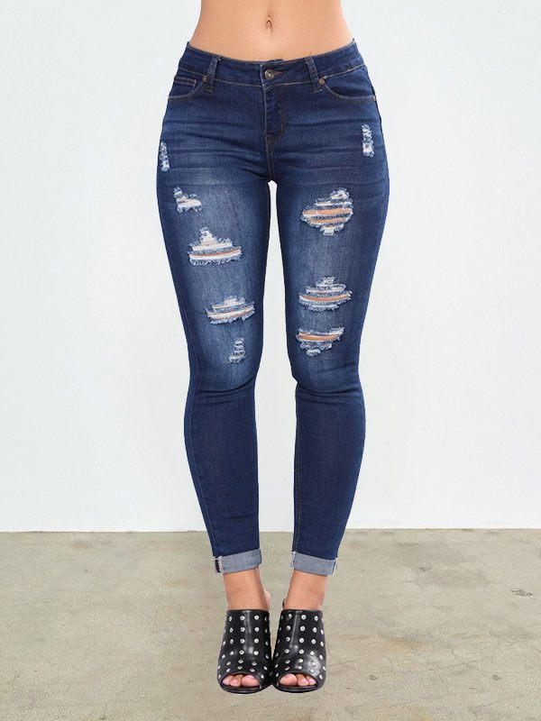 Distressed Skinny Jeans--Clearance Dark Wash Blue S