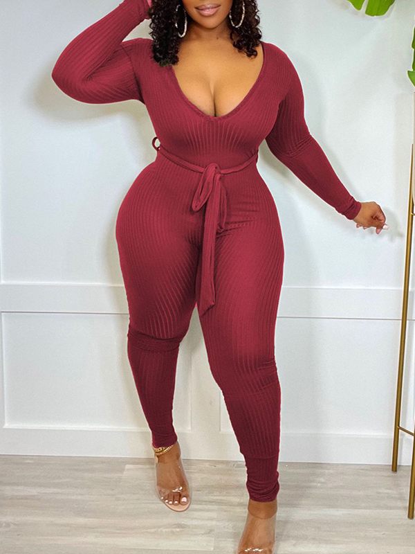 Solid Tied Ribbed Jumpsuit--Clearance Burgundy