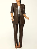 Faux Leather Blazer & Slit Pants Set--Clearance Brown M