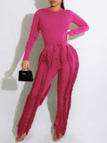 Solid Bodysuit & Fringe Pants Set--Clearance Rose S