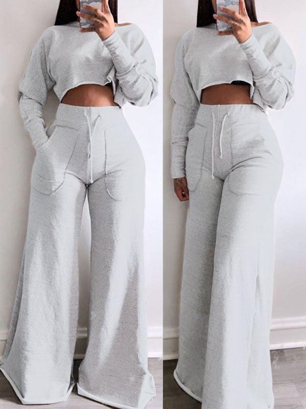Raw-cut Sweatshirt & Wide-Leg Pants Set Light Gray