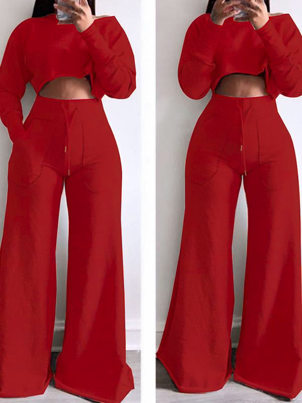 Raw-cut Sweatshirt & Wide-Leg Pants Set Fiery Red