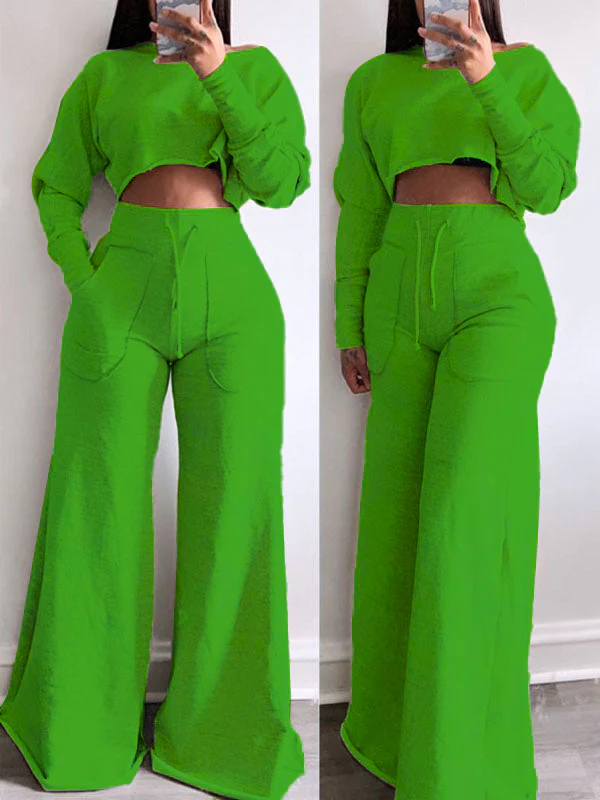 Raw-cut Sweatshirt & Wide-Leg Pants Set--Clearance Green S