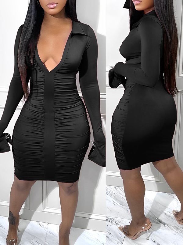 Solid V-Neck Ruched Dress--Clearance Black S