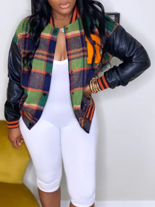 Faux-Leather Combo Plaid Bomber Jacket Green