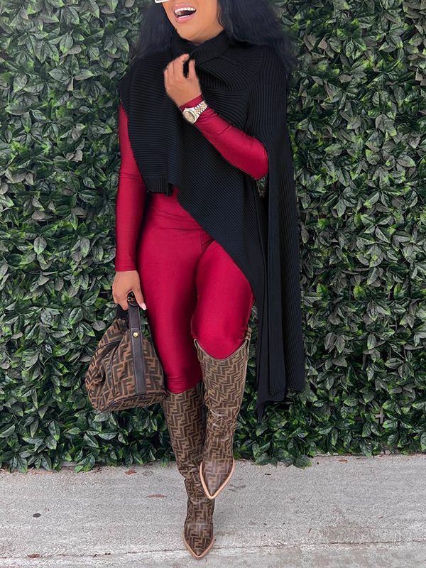 Asymmetric Turtleneck Knit Cape Black ONE-SIZE