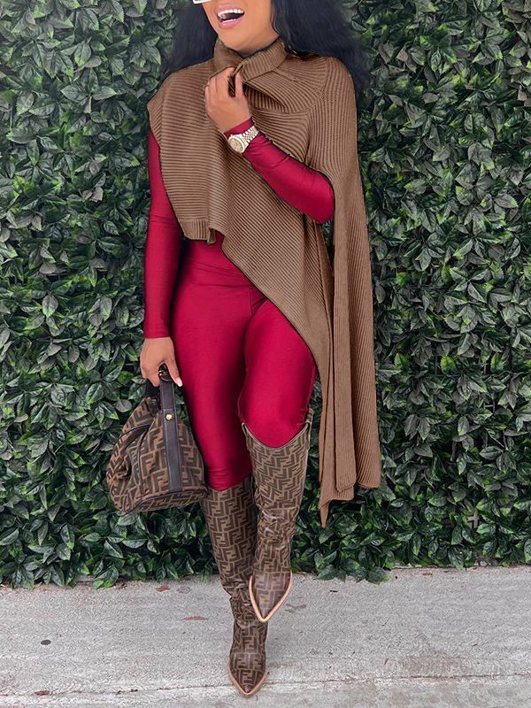 Asymmetric Turtleneck Knit Cape Brown ONE-SIZE
