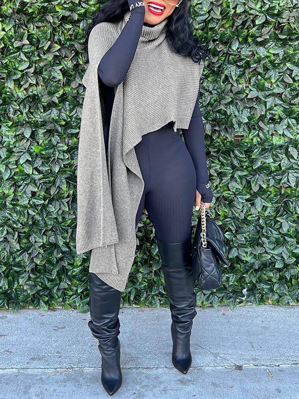 Asymmetric Turtleneck Knit Cape Gray ONE-SIZE