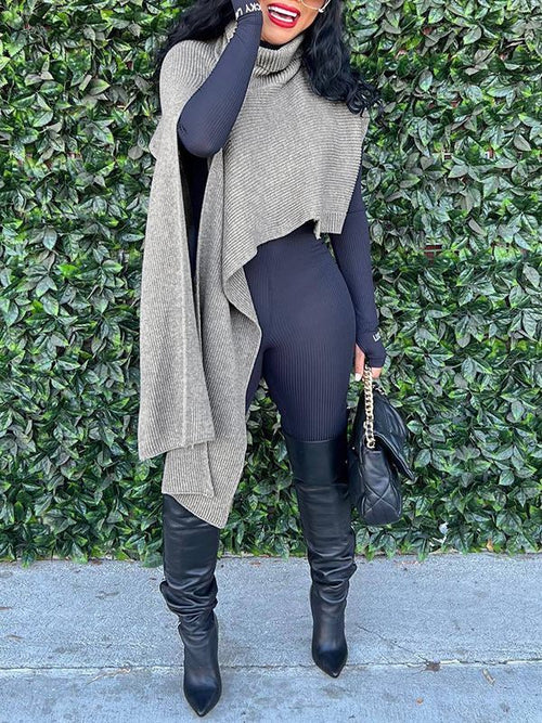 Asymmetric Turtleneck Knit Cape Gray ONE-SIZE