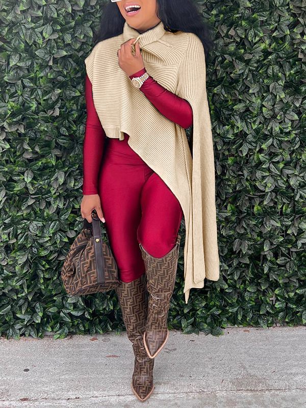 Asymmetric Turtleneck Knit Cape Light Khaki ONE-SIZE