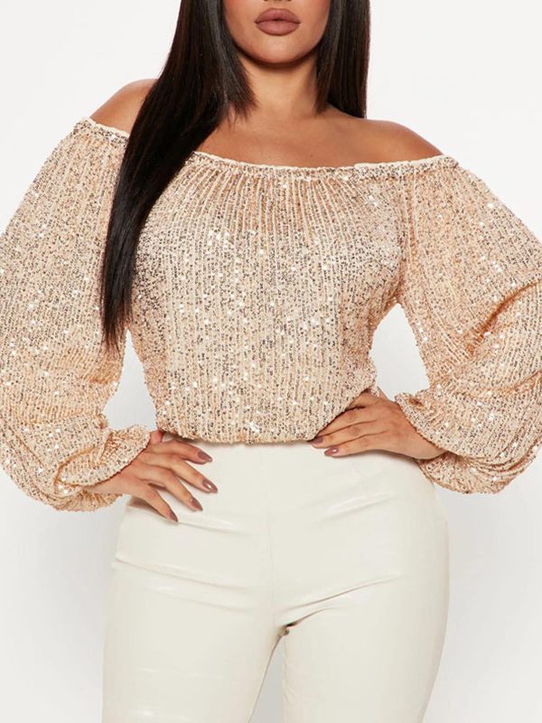 Sequin Off-Shoulder Top Beige