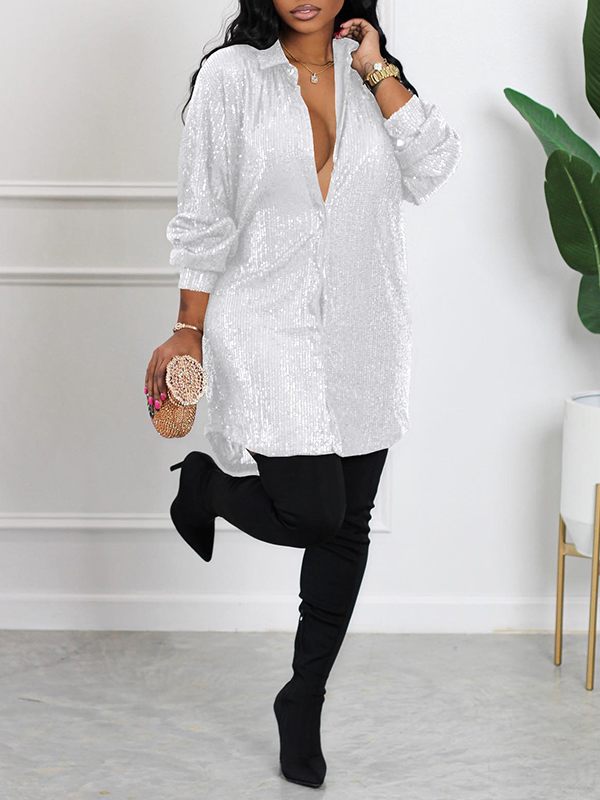 Sequin Shirt Dress White
