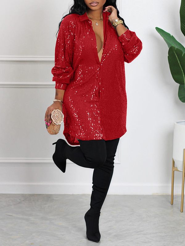 Sequin Shirt Dress Red