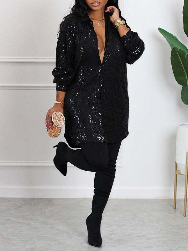 Sequin Shirt Dress Black