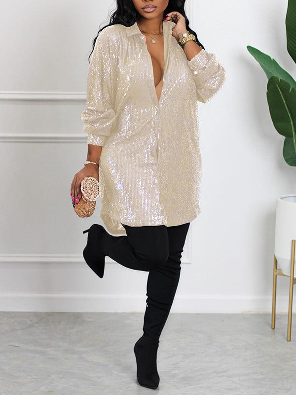Sequin Shirt Dress Beige