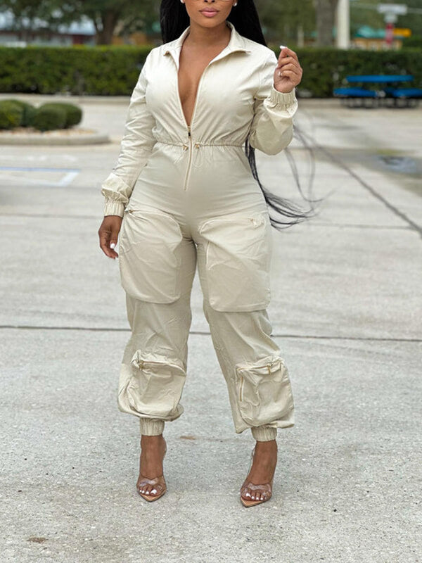 Zip-Front Cargo Jumpsuit Ivory