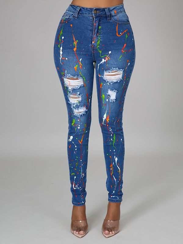 Spraying Ripped Jeans Dark Wash Blue