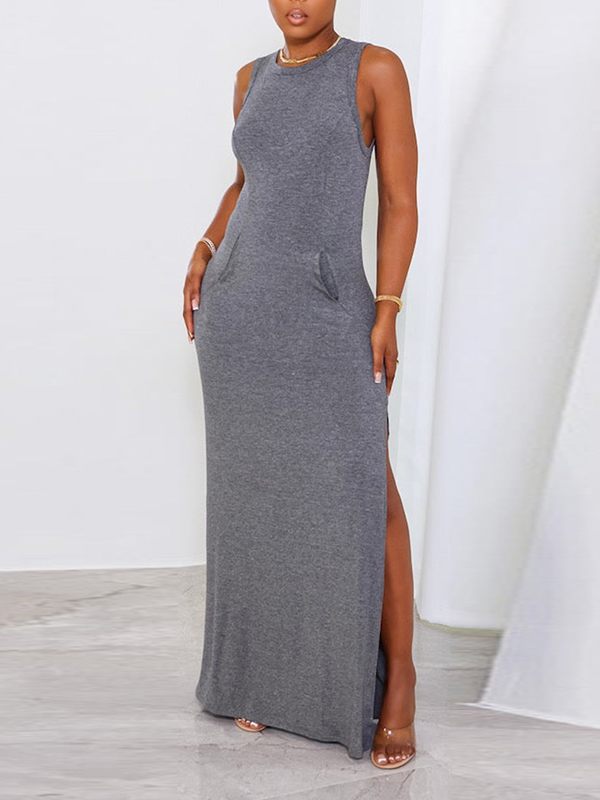 Solid Sleeveless Slit Dress Gray