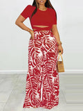 Puff Shoulder T-Shirt & Printed Wide-Leg Pants Set--Clearance Red S