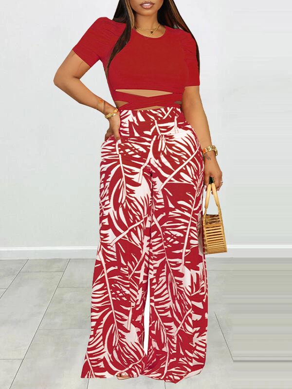 Puff Shoulder T-Shirt & Printed Wide-Leg Pants Set--Clearance Red S