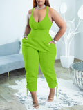 Solid V-Neck Sleeveless Jumpsuit--Clearance Green S