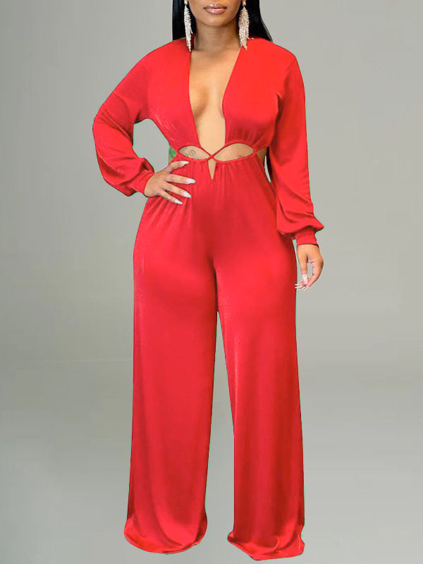 Lace-Up Plunge Jumpsuit--Clearance Red