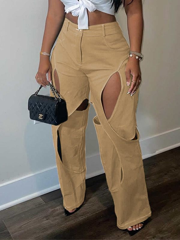 Solid Cutout Pants Khaki