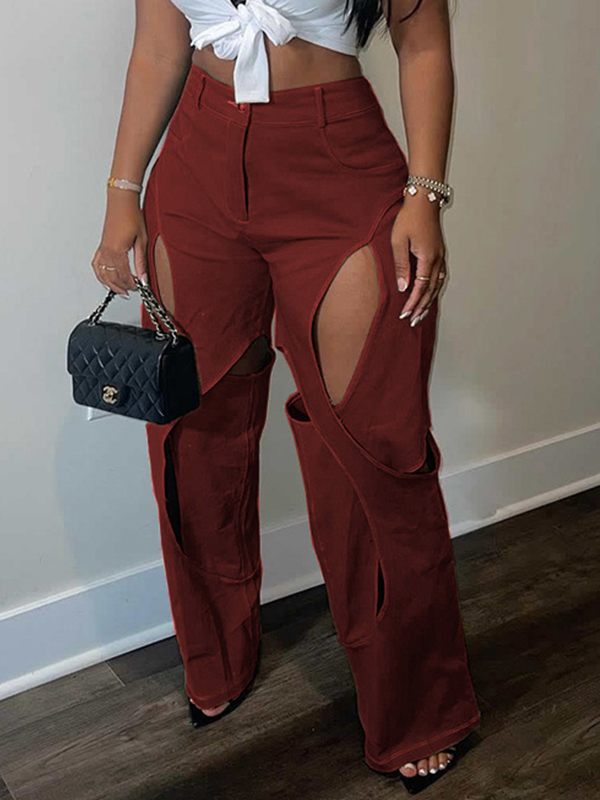 Solid Cutout Pants Red